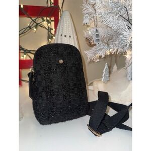 Lauren Conrad Black Tweed Sparkle Mini Bag Phone Pouch Crossbody Gold Zipper